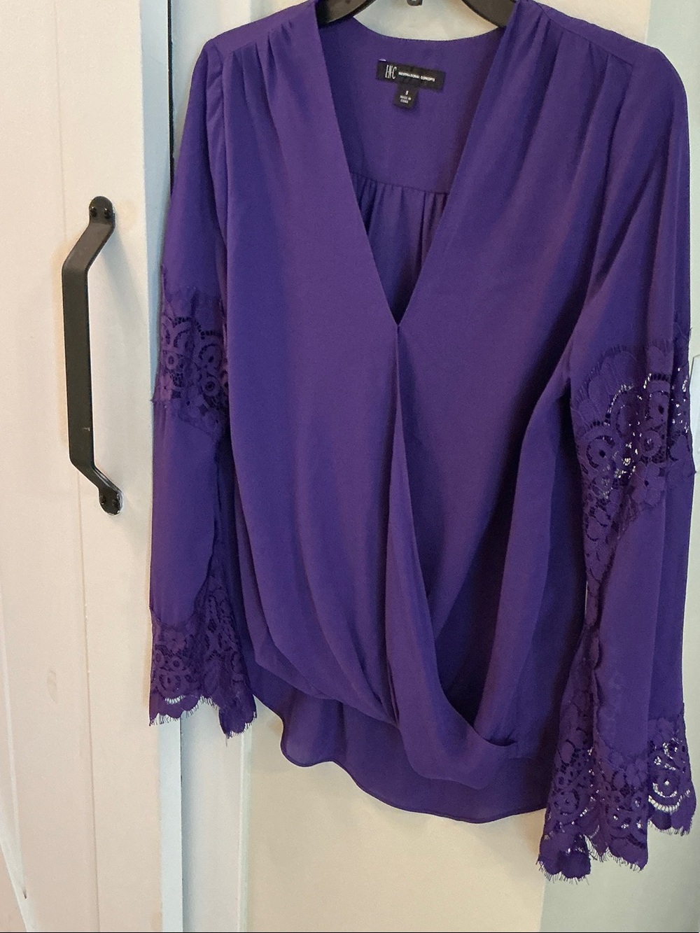 INC International Concepts Purple Lace-Sleeve Wrap Blouse